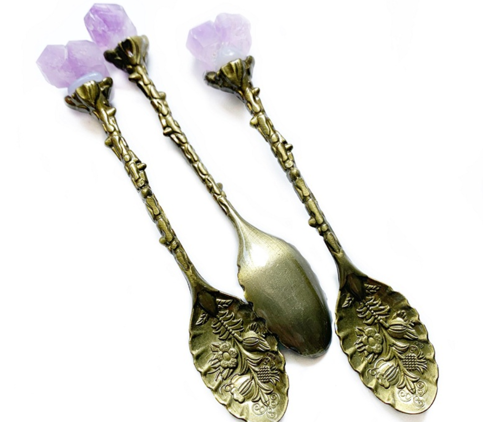 Raw Amethyst European Vintage Carved Spoon