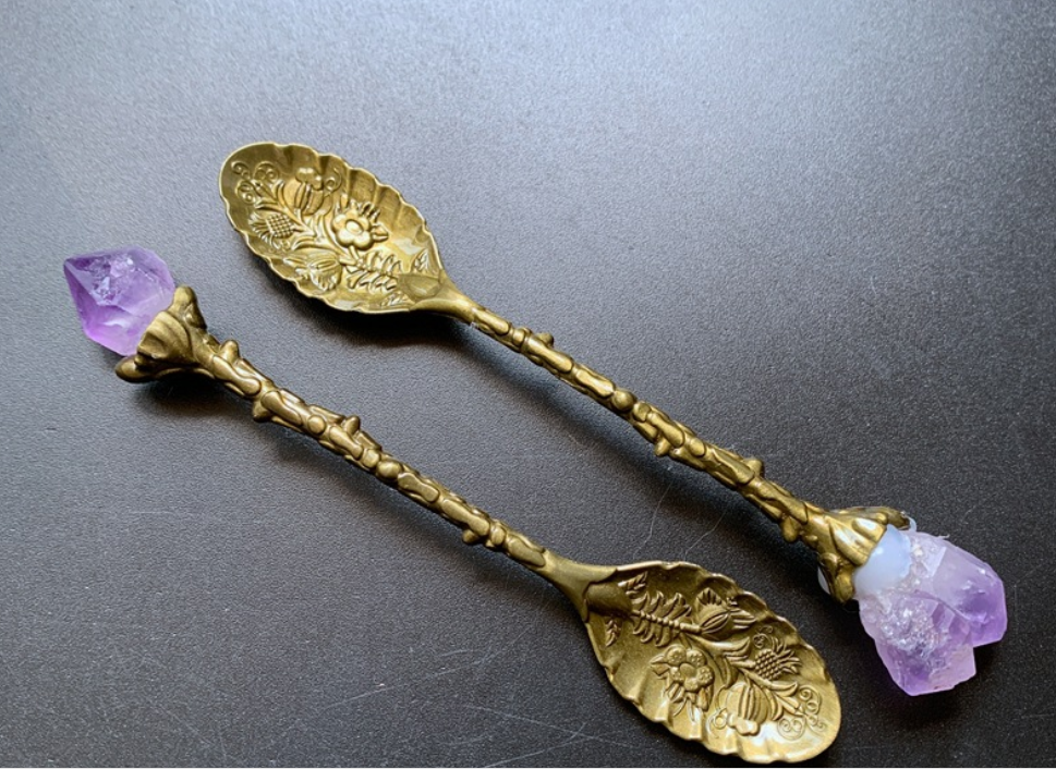 Raw Amethyst European Vintage Carved Spoon