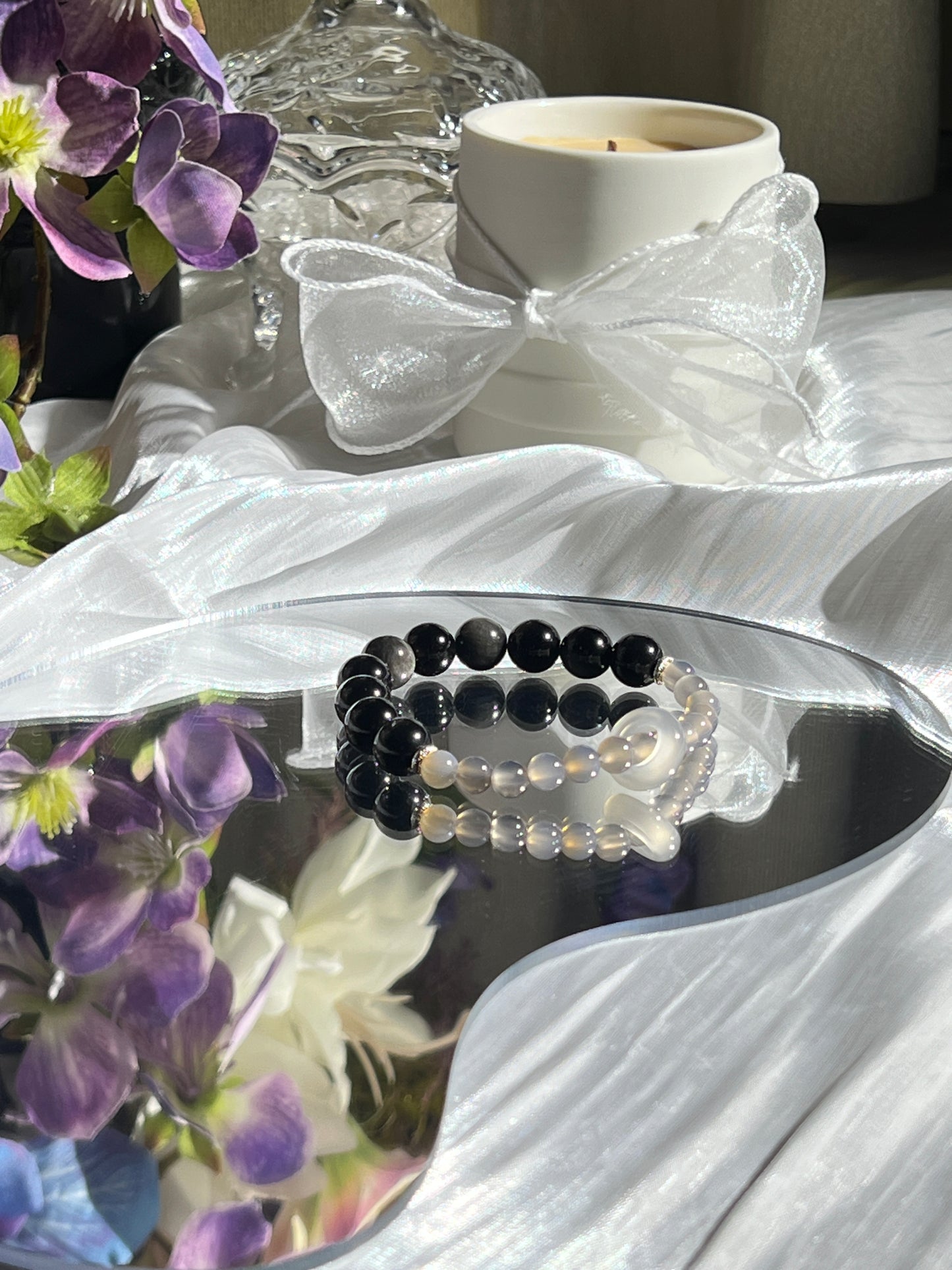 City of Fog - Silver Obsidian & Gray Agate Bracelet